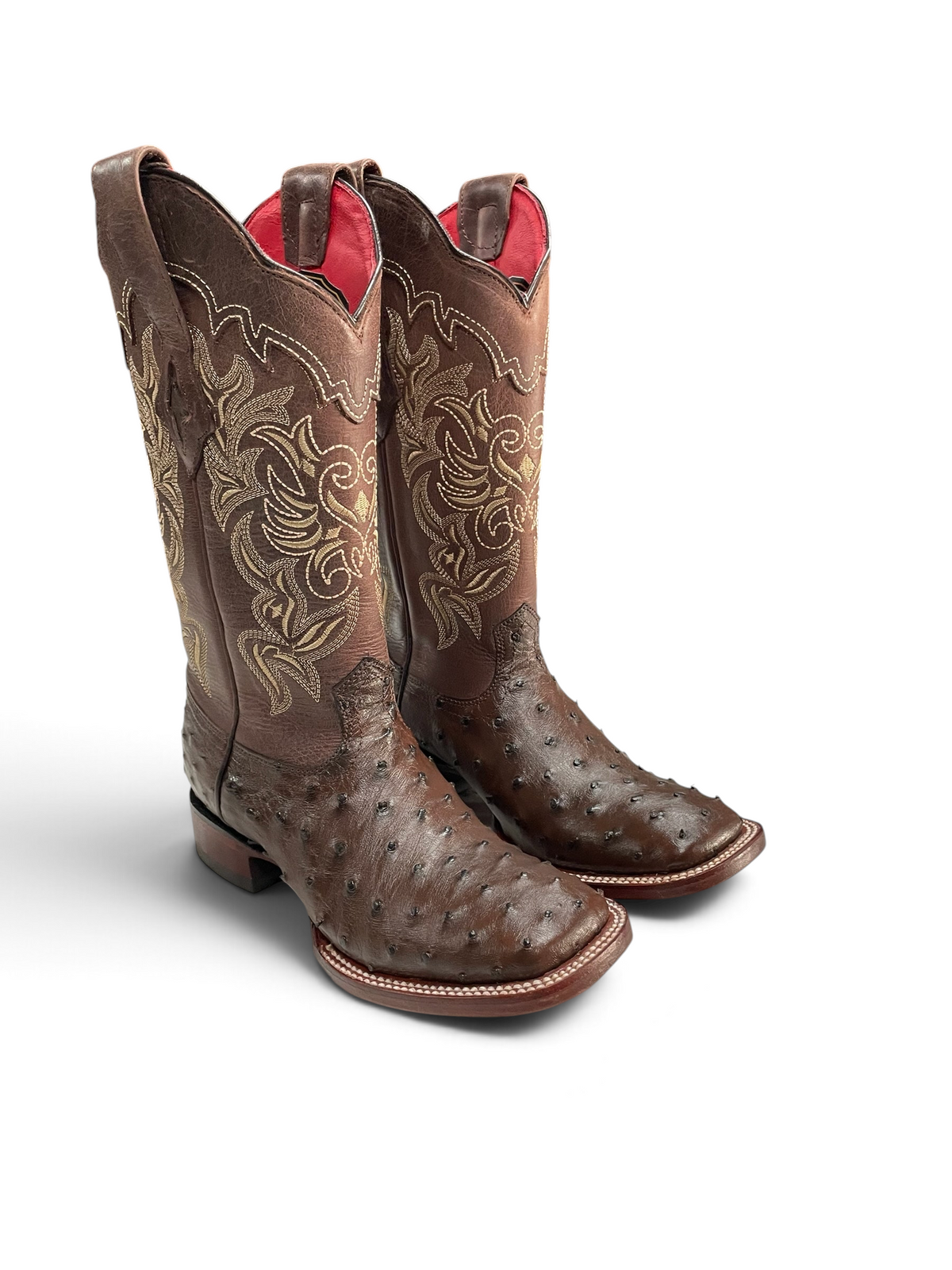 Botas vaqueras Botas El Pistolero PYP de piel de avestruz marrón con punta cuadrada y bordados dorados en el caño