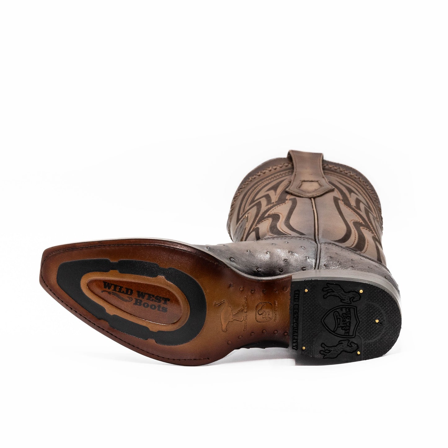 Botas El Pistolero PYP de piel de avestruz color café con suela resistente y bordados detallados en la caña