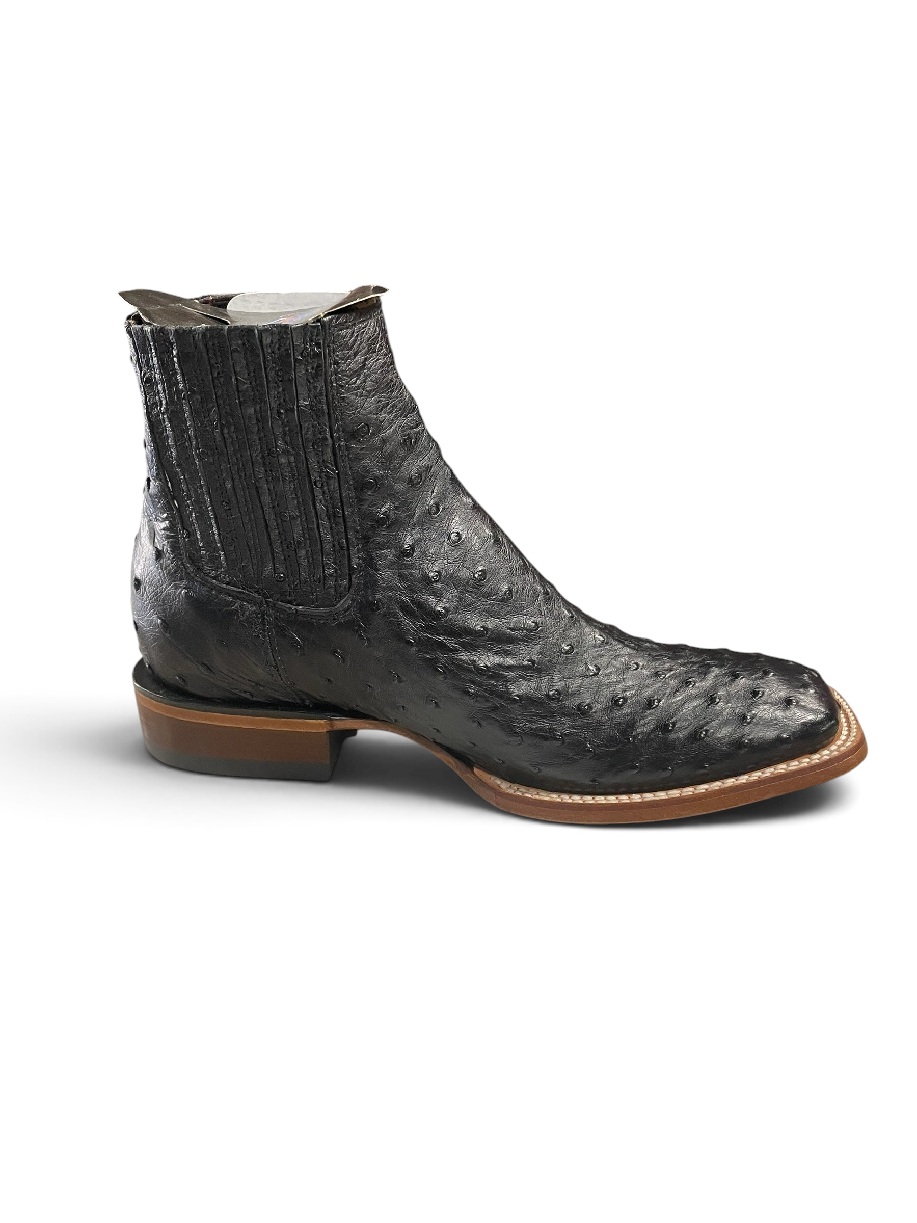 Botas El Pistolero PYP botas Chelsea de piel de avestruz negra con punta cuadrada y suela de madera resistente.
