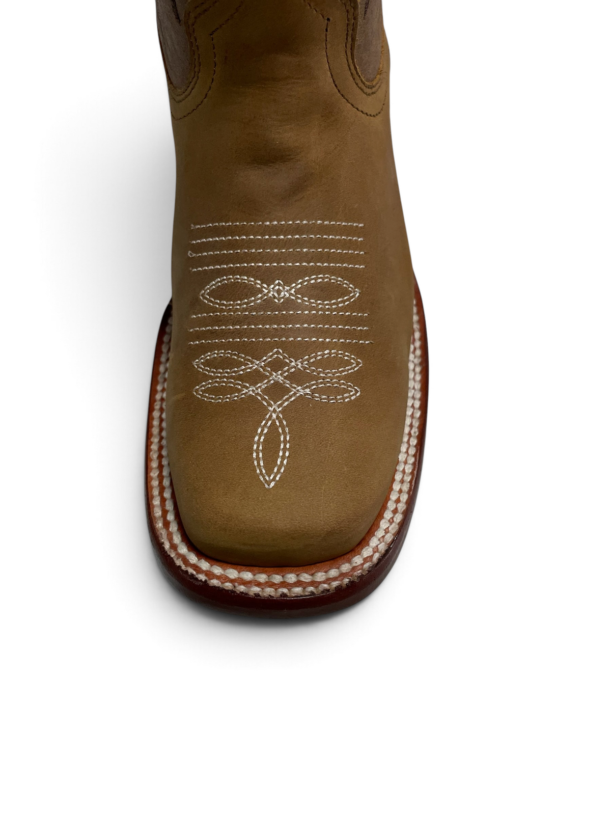 Botas vaqueras Botas El Pistolero PYP de cuero café con punta cuadrada y costuras decorativas blancas en el empeine