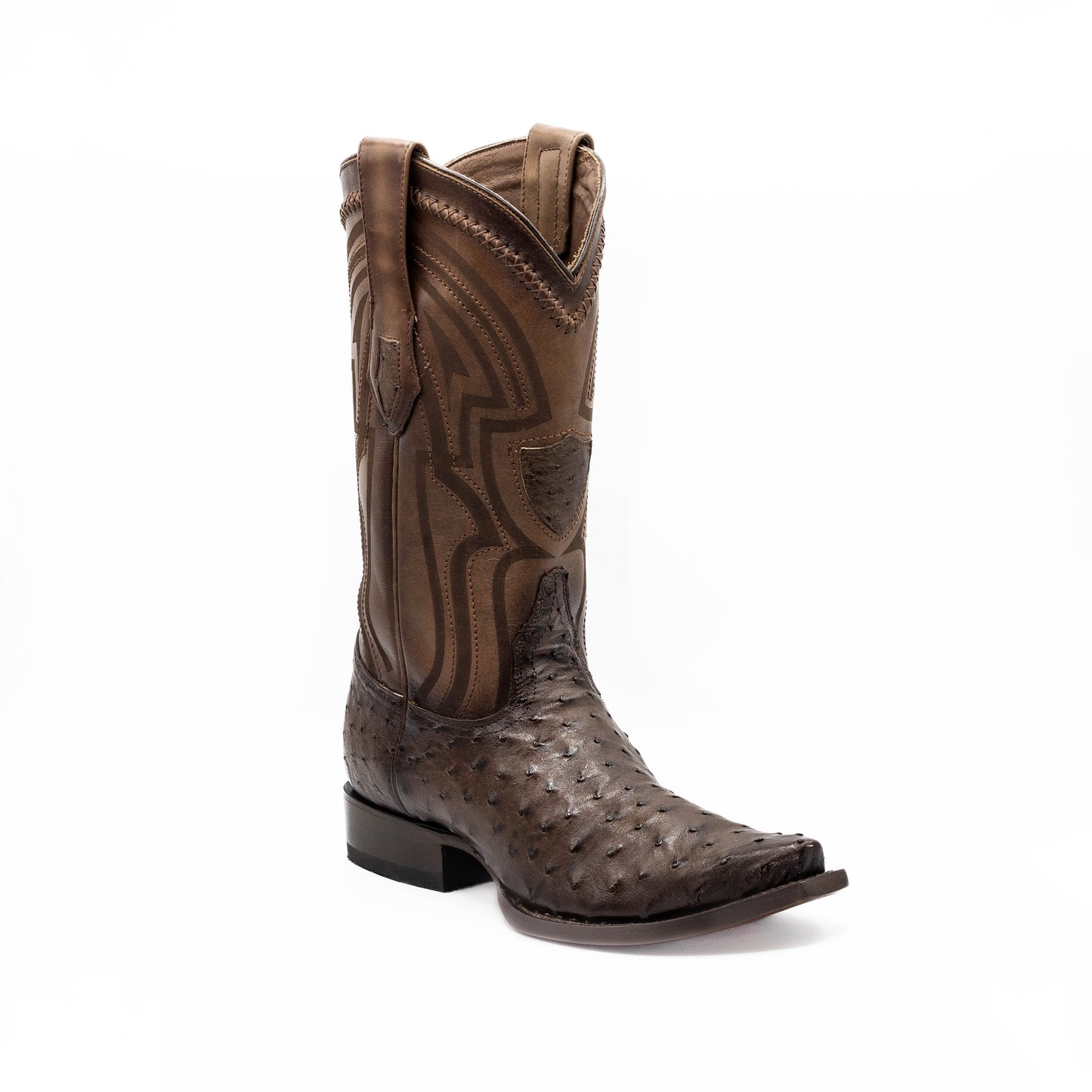 Botas vaqueras Botas El Pistolero PYP de piel de avestruz café con bordados artesanales en la caña y punta cuadrada.