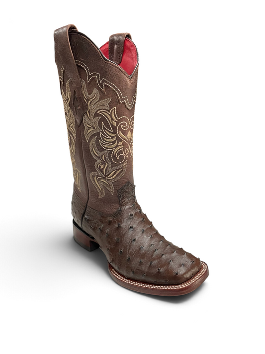 Botas vaqueras Botas El Pistolero PYP de piel de avestruz marrón con bordados dorados y forro interior rojo.