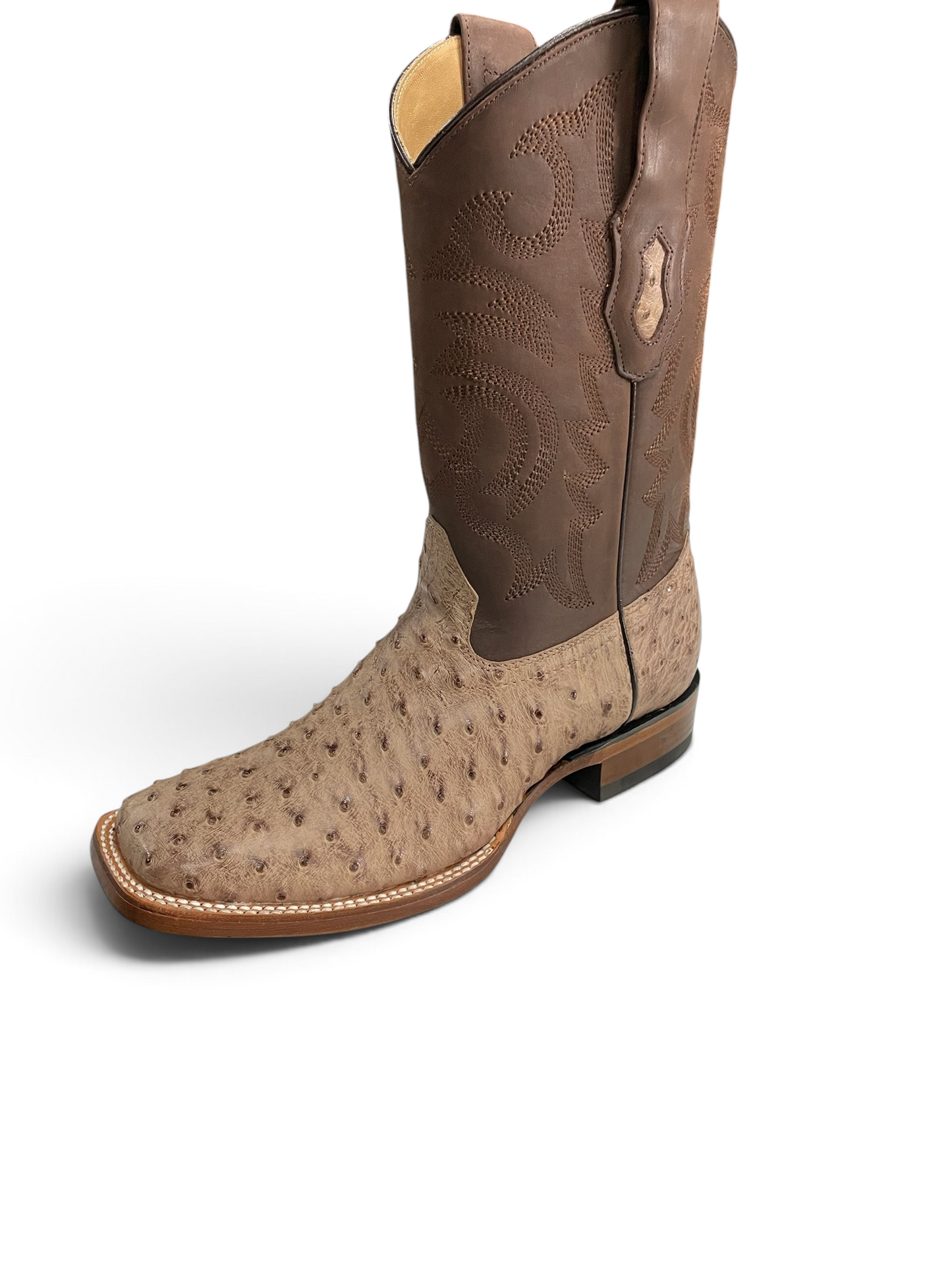 Botas vaqueras Botas El Pistolero PYP de piel de avestruz natural con tubo café bordado y punta cuadrada