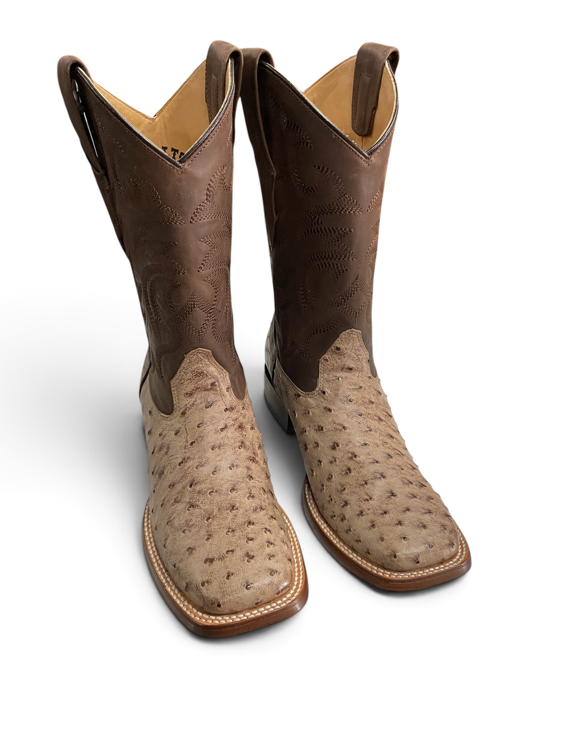 Botas vaqueras Botas El Pistolero PYP de avestruz natural con tubo café y punta cuadrada bordada