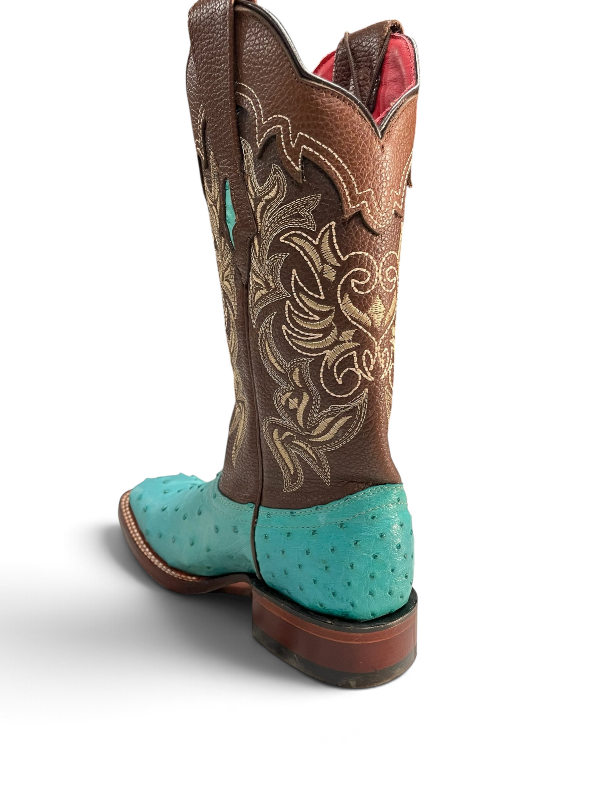 Botas vaqueras Botas El Pistolero PYP de piel de avestruz turquesa con caña café y bordados florales en punta cuadrada