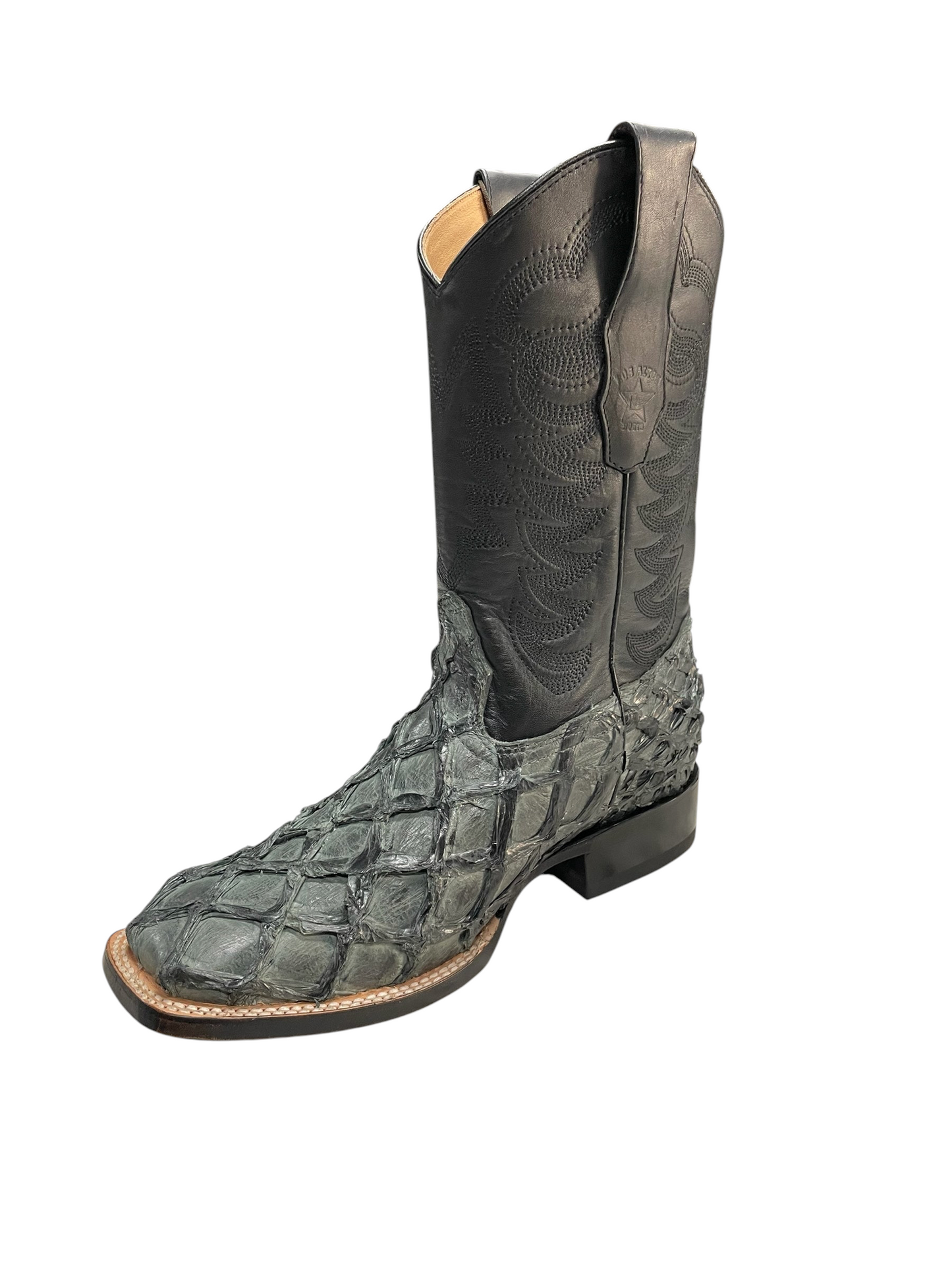 Botas El Pistolero PYP vaqueras de piel de pescado gris verdoso con caño negro bordado y punta cuadrada