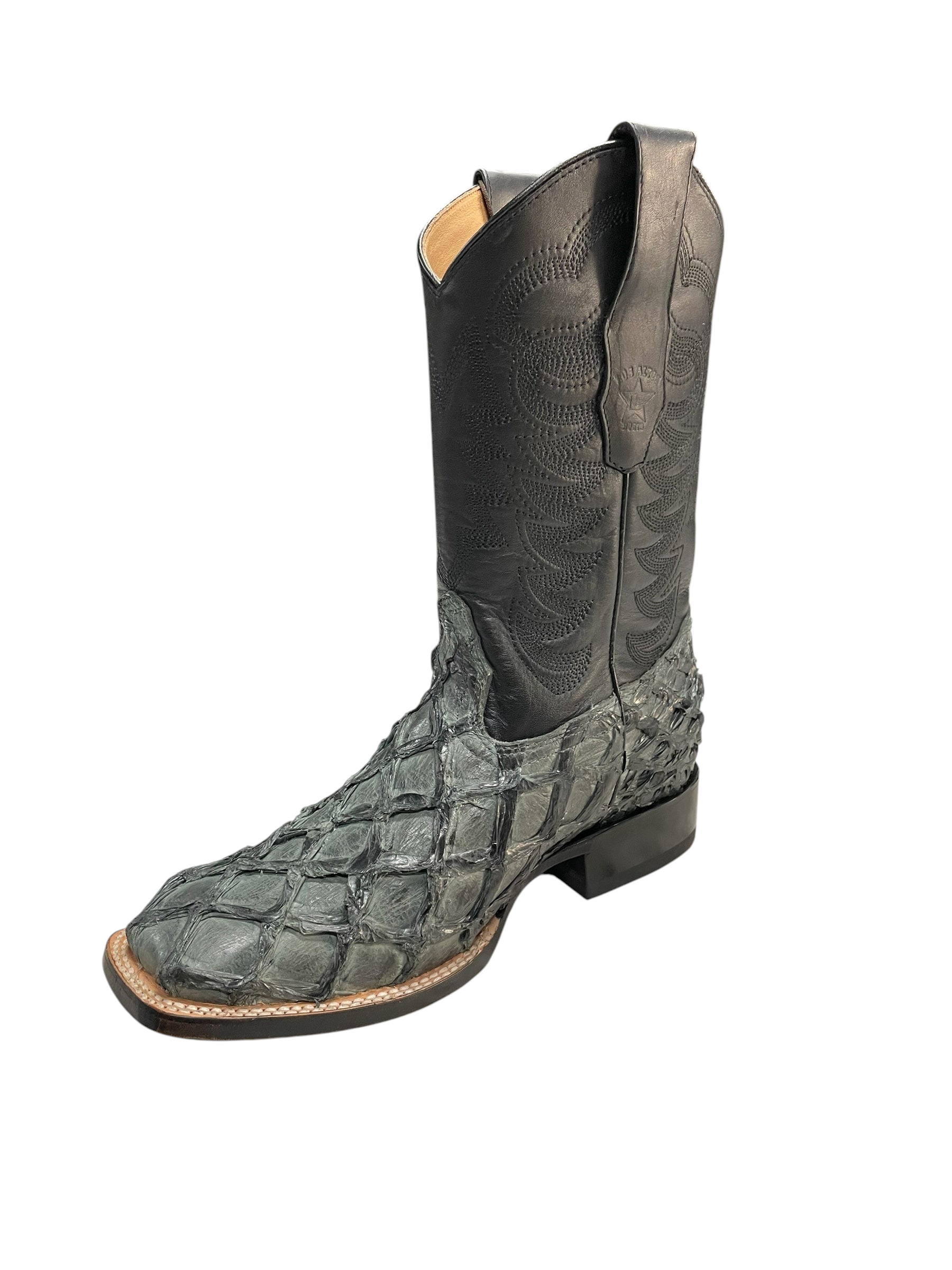 Botas El Pistolero PYP vaqueras de piel de pescado gris verdoso con caño negro bordado y punta cuadrada