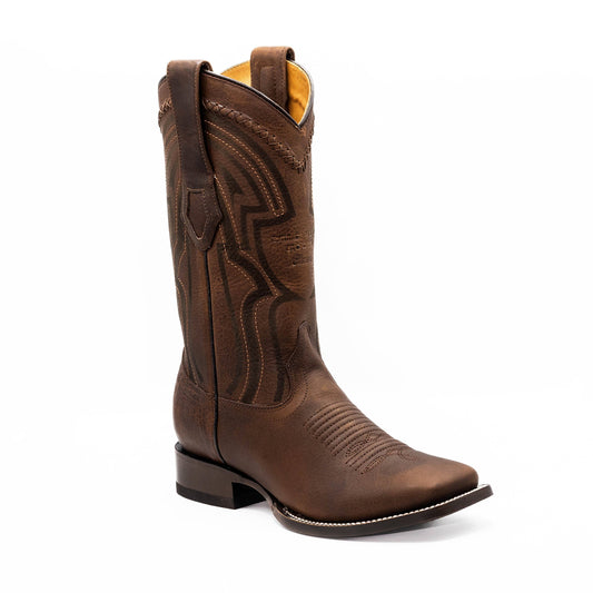 Botas vaqueras Botas El Pistolero PYP de piel café con punta cuadrada y costuras artesanales en el tubo