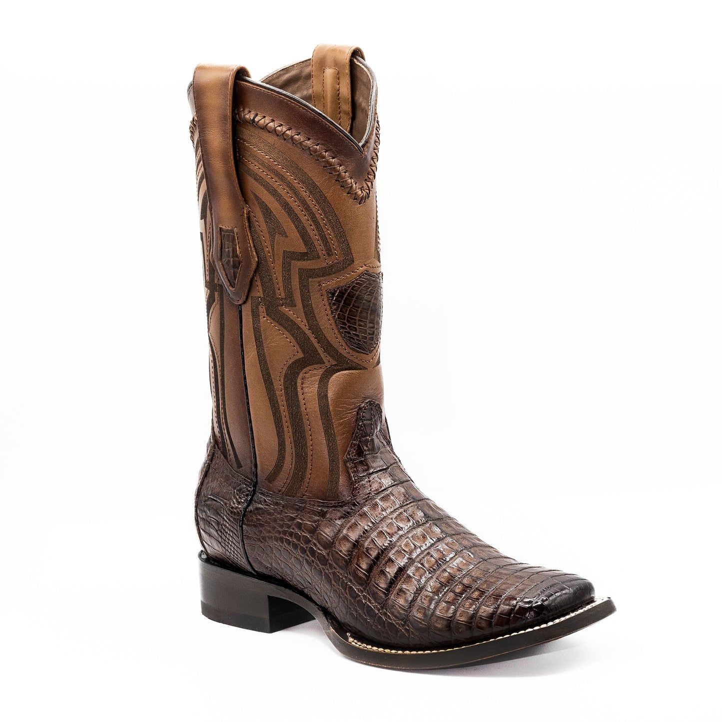 Botas vaqueras Botas El Pistolero PYP de piel con textura de cocodrilo, punta cuadrada y bordados artesanales.