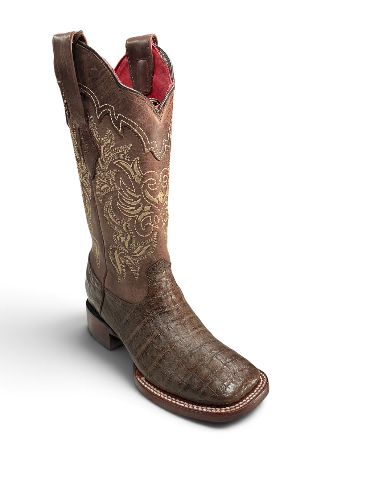 Botas vaqueras Botas El Pistolero PYP de piel de cocodrilo marrón con bordado dorado y forro interior rojo