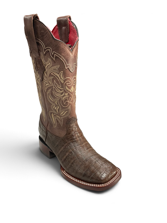 Botas vaqueras Botas El Pistolero PYP de piel de cocodrilo marrón con bordado dorado y forro interior rojo