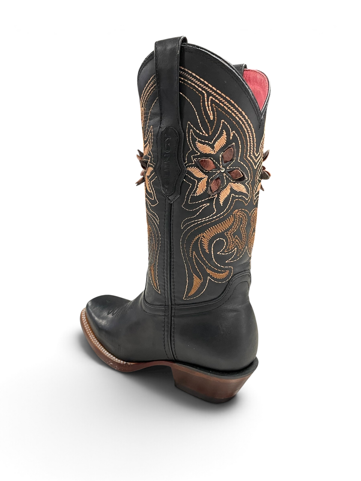 Botas vaqueras Botas El Pistolero PYP de cuero negro con bordados florales en tonos tierra y puntera cuadrada