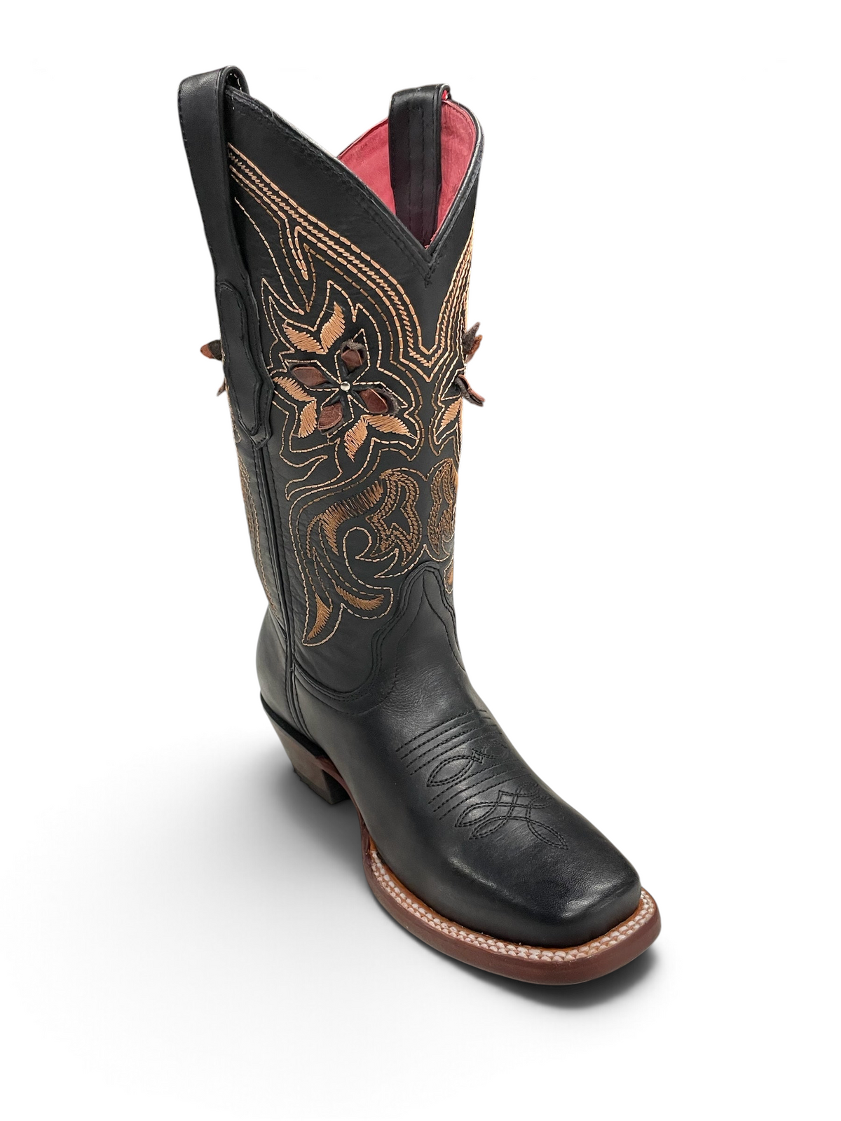 Botas vaqueras Botas El Pistolero PYP de cuero negro con bordado floral en tonos tierra y forro interior rosa