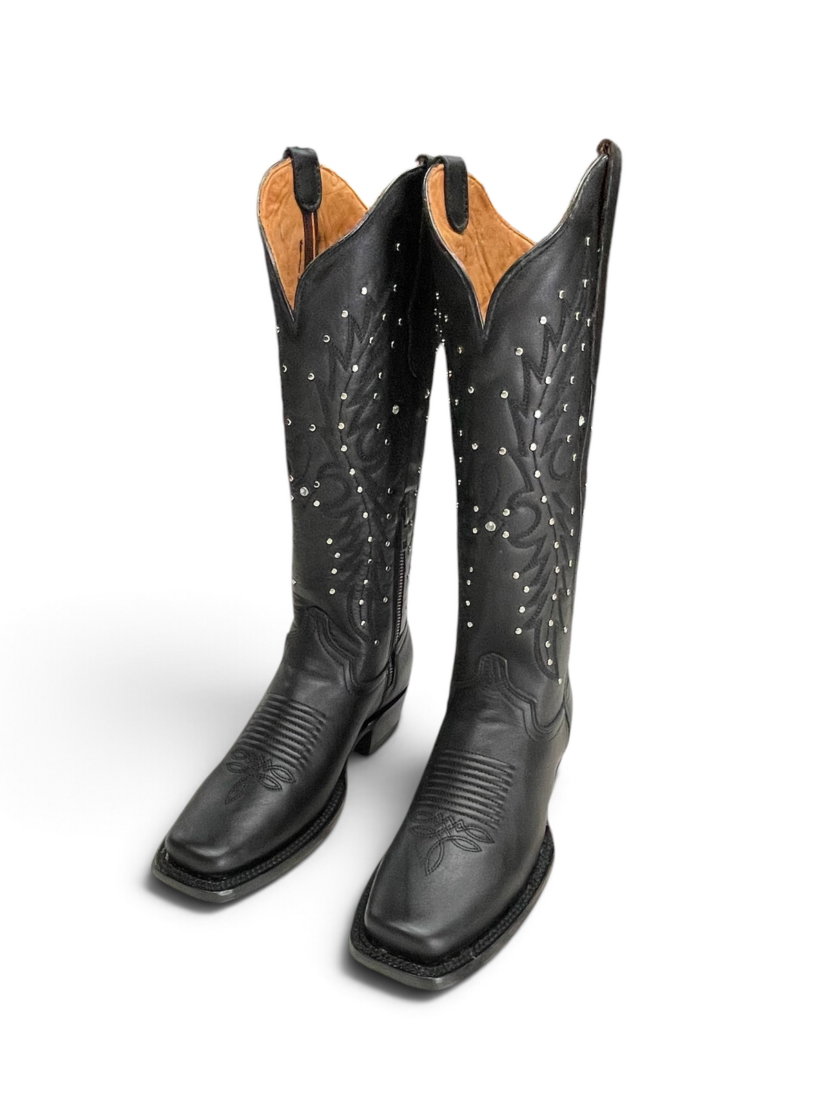 Botas vaqueras altas Botas El Pistolero PYP de cuero negro con punta cuadrada y detalles de tachuelas metálicas.