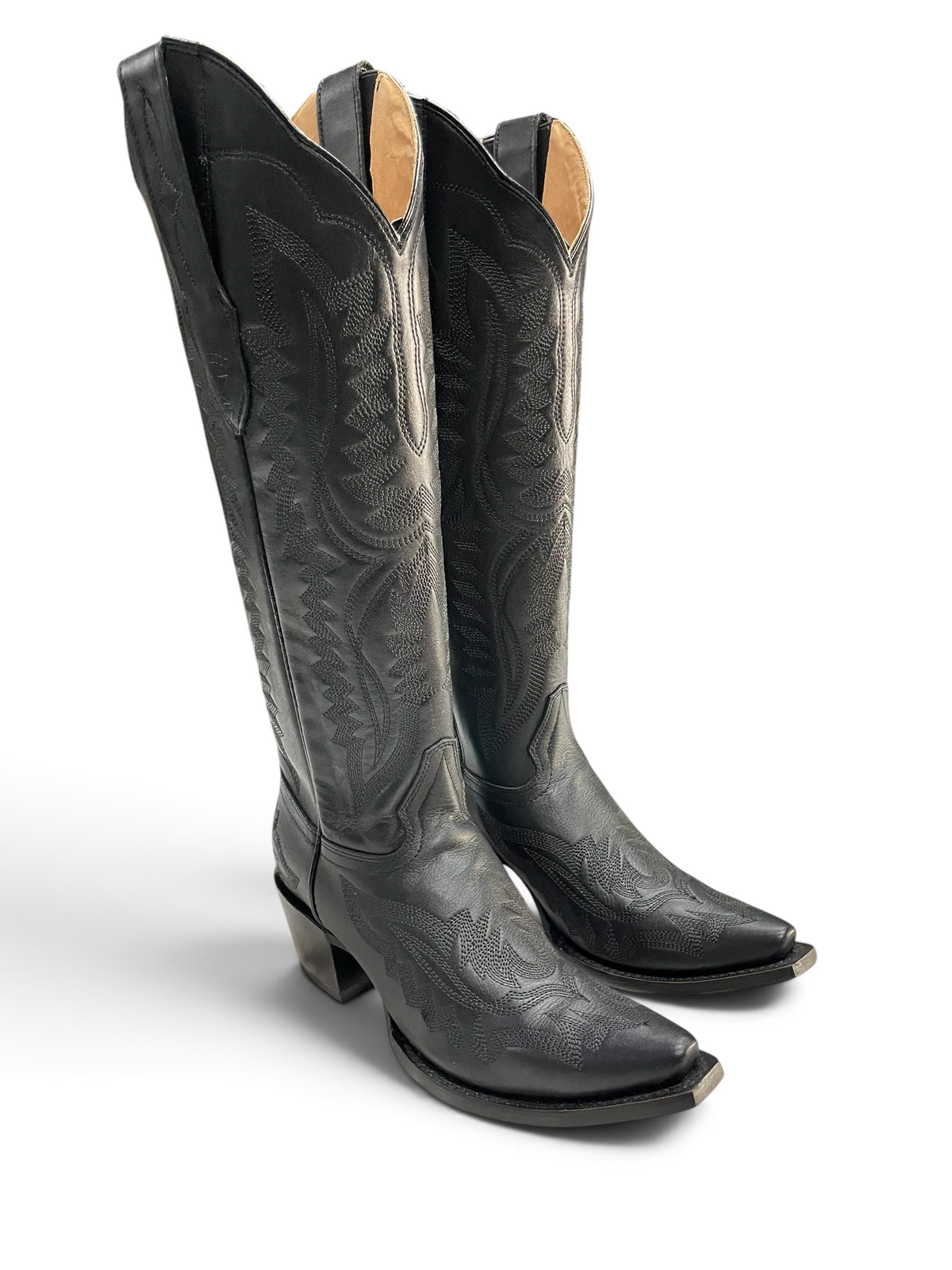 Botas vaqueras altas Botas El Pistolero PYP de cuero negro con bordado tonal, punta cuadrada y tacón robusto.