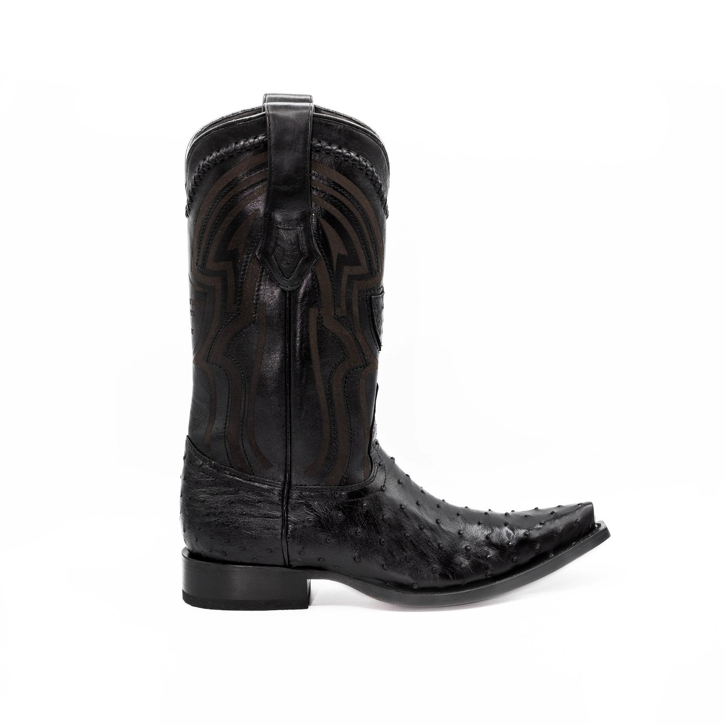 Botas vaqueras Botas El Pistolero PYP de piel de avestruz negra con punta cuadrada y costuras decorativas en el tubo.