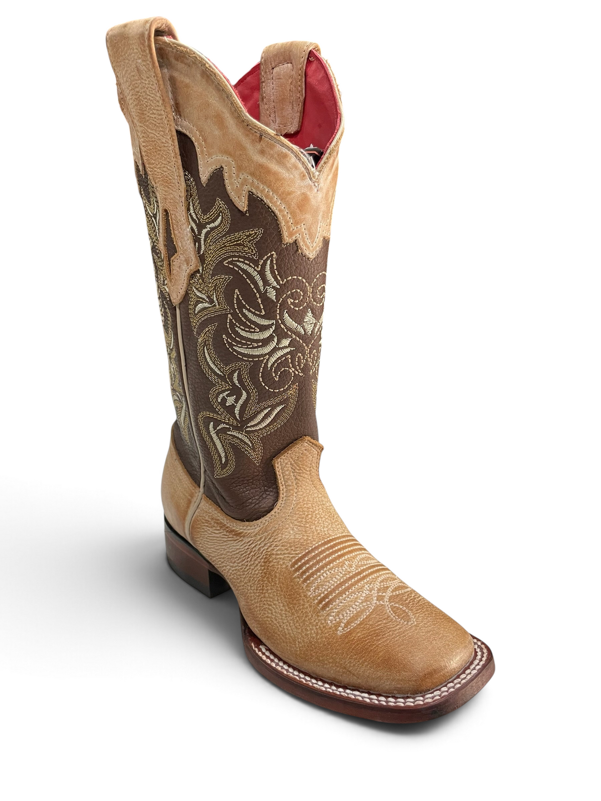 Botas vaqueras Botas El Pistolero PYP de piel genuina con punta cuadrada, bordados dorados y forro interior rojo.