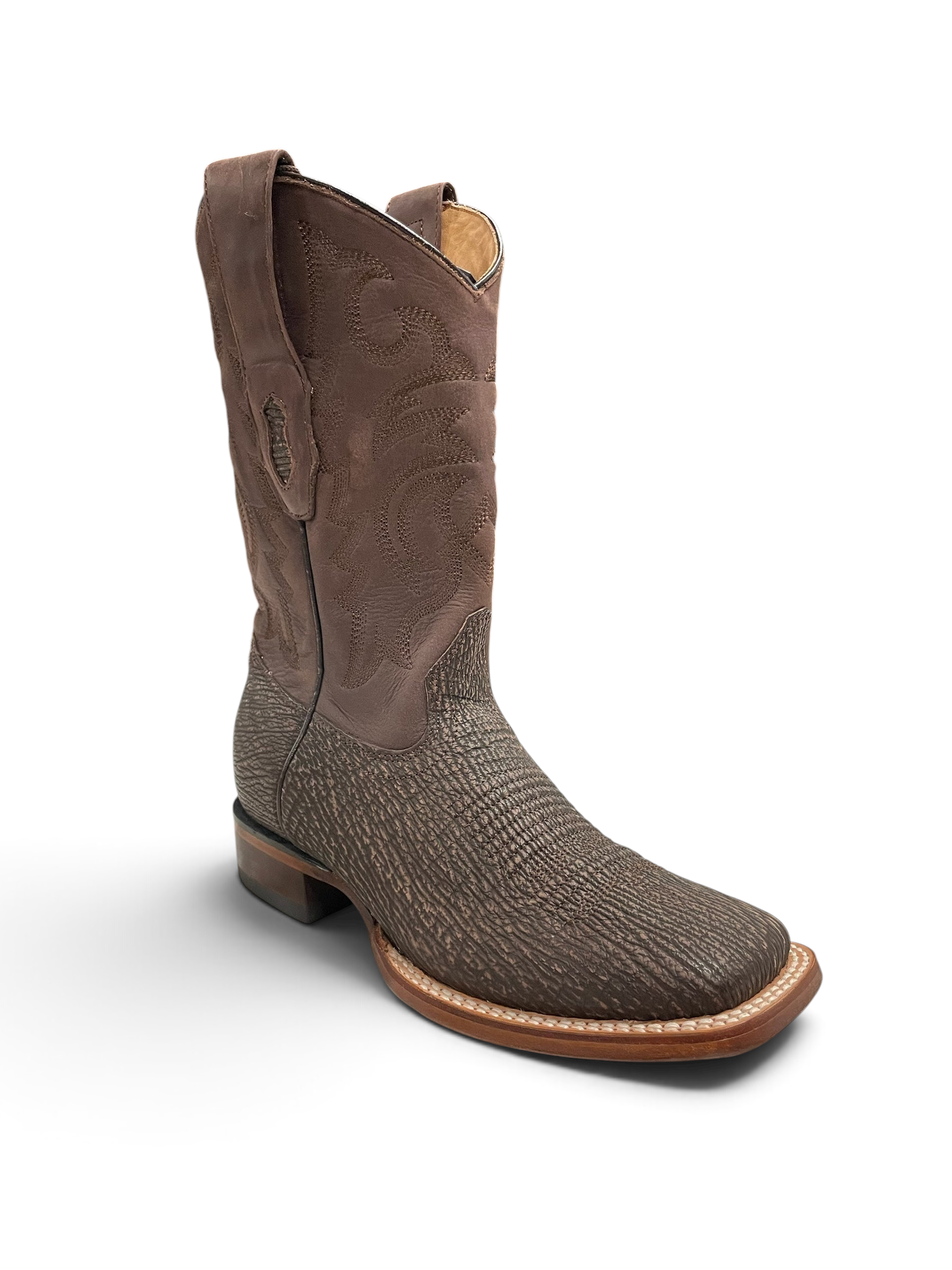 Botas vaqueras Botas El Pistolero PYP de piel de tiburón marrón con punta cuadrada y bordado artesanal en el caño