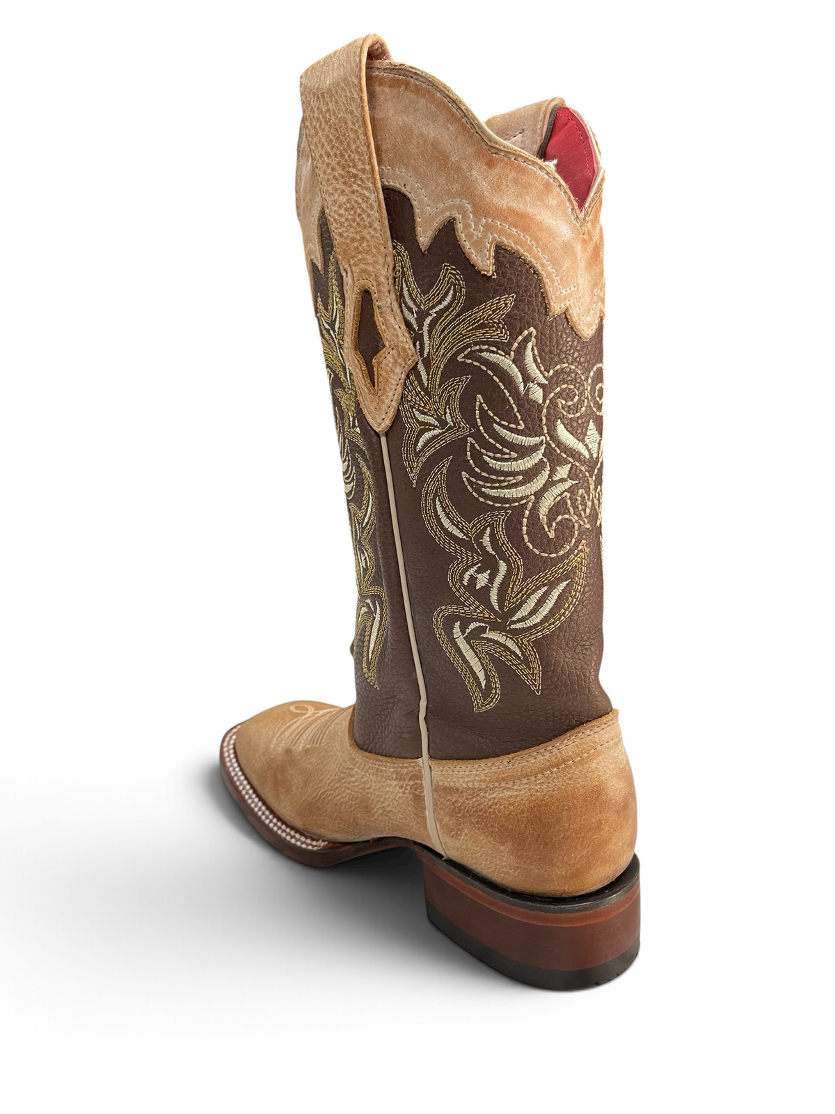 Botas vaqueras Botas El Pistolero PYP de piel genuina con punta cuadrada, bordados dorados y forro interior rojo.