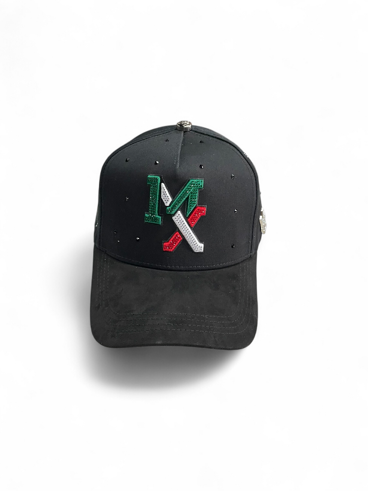 Gorra negra Botas El Pistolero PYP con emblema MX bordado en colores verde, blanco y rojo y detalles brillantes.