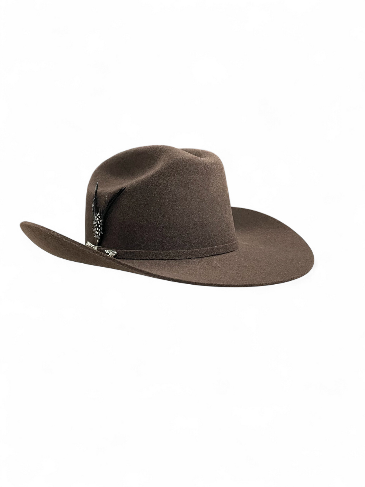 Sombrero vaquero de fieltro café Botas El Pistolero PYP con banda decorativa, hebilla metálica y detalle de plumas.