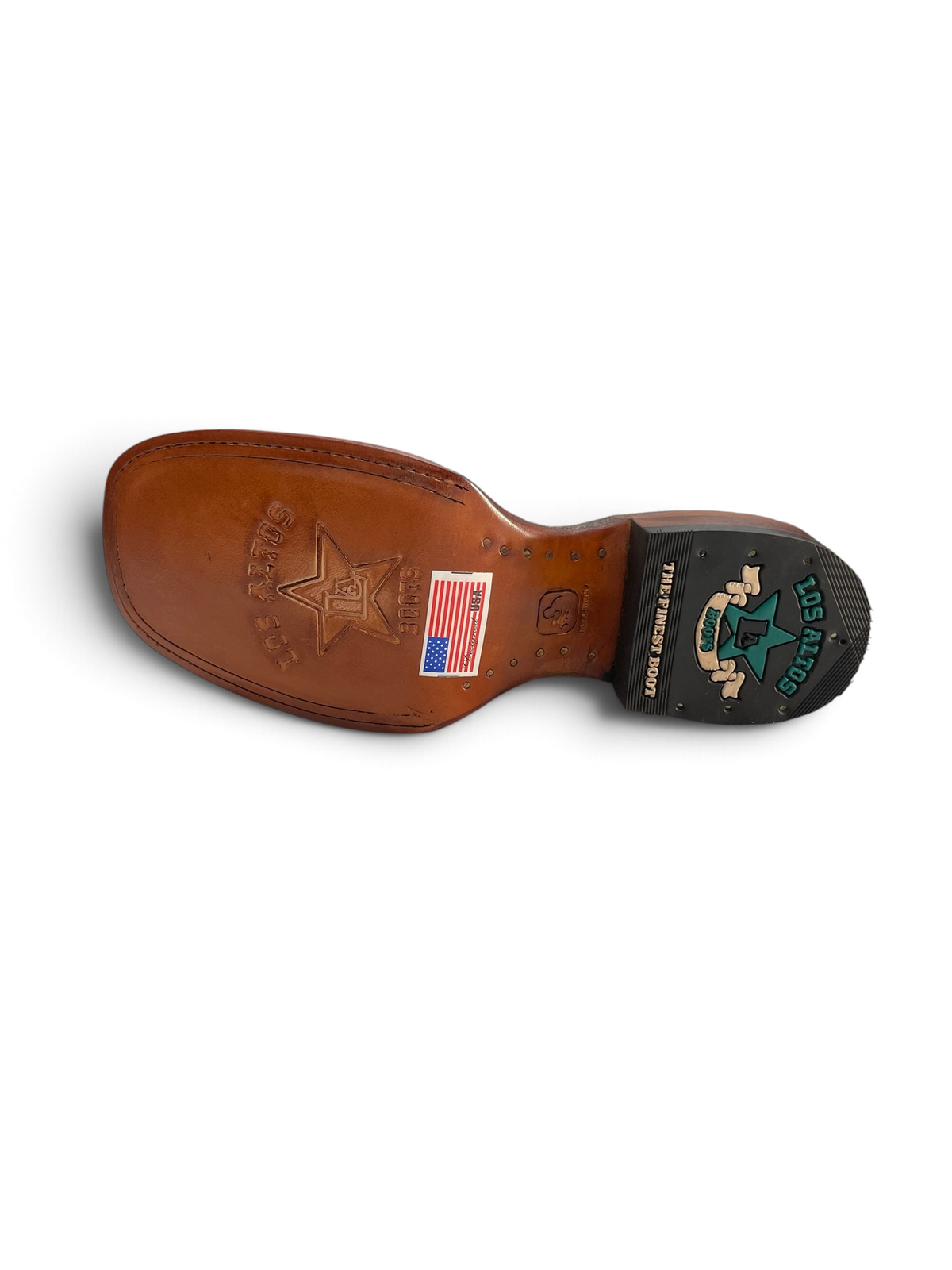 Suela de cuero de bota vaquera Botas El Pistolero PYP con punta cuadrada, sello de Los Altos Boots y tacón reforzado
