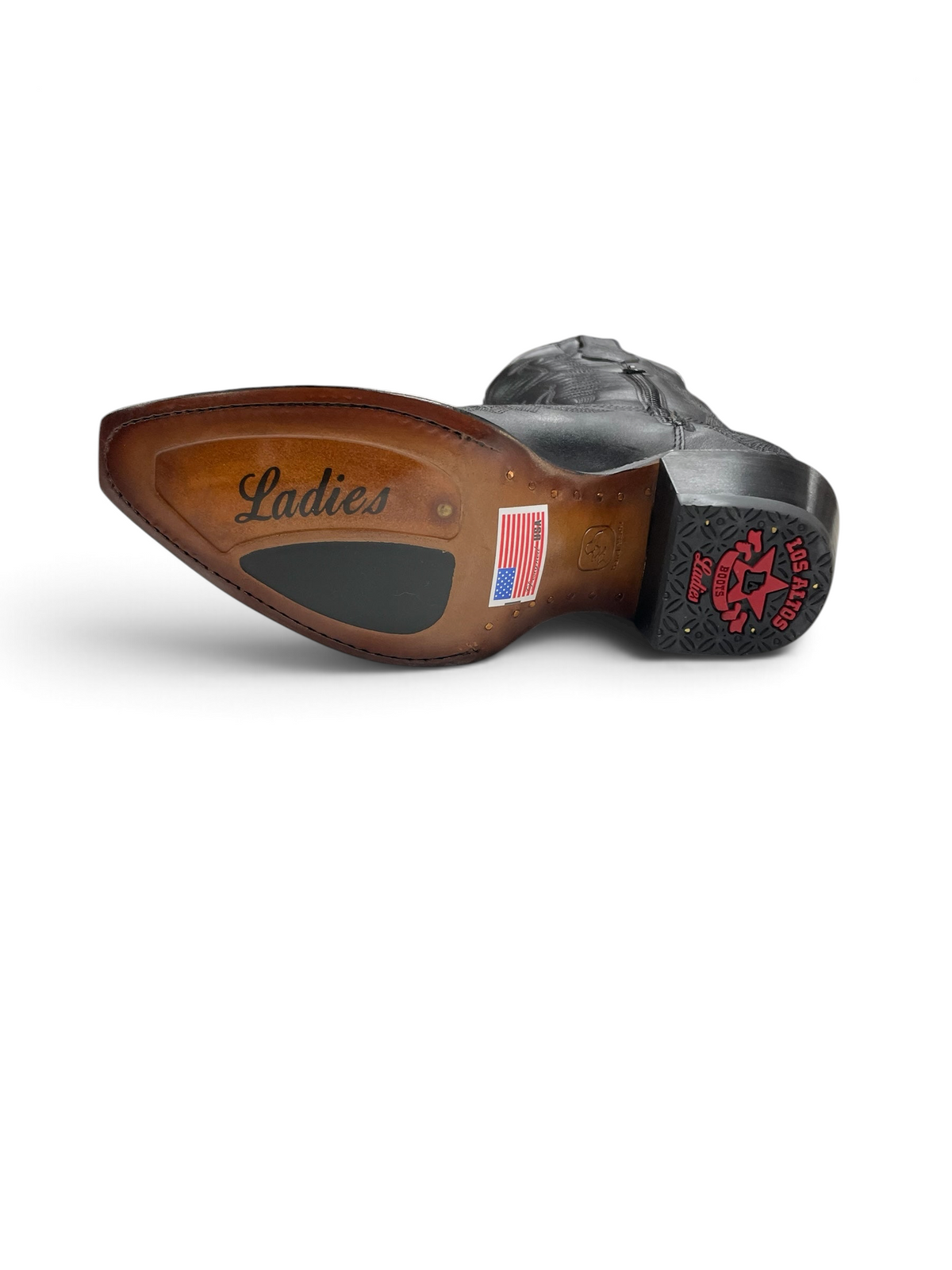 Suela de cuero de bota vaquera Botas El Pistolero PYP para dama con tacón robusto y detalle de bandera de EE. UU.