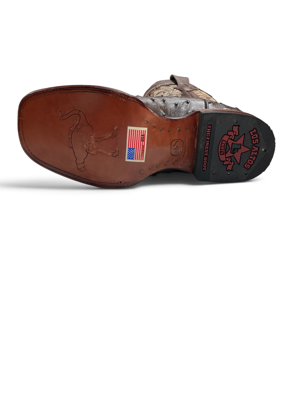 Suela de cuero de bota vaquera Botas El Pistolero PYP con grabado de avestruz y tacón con logo Los Altos