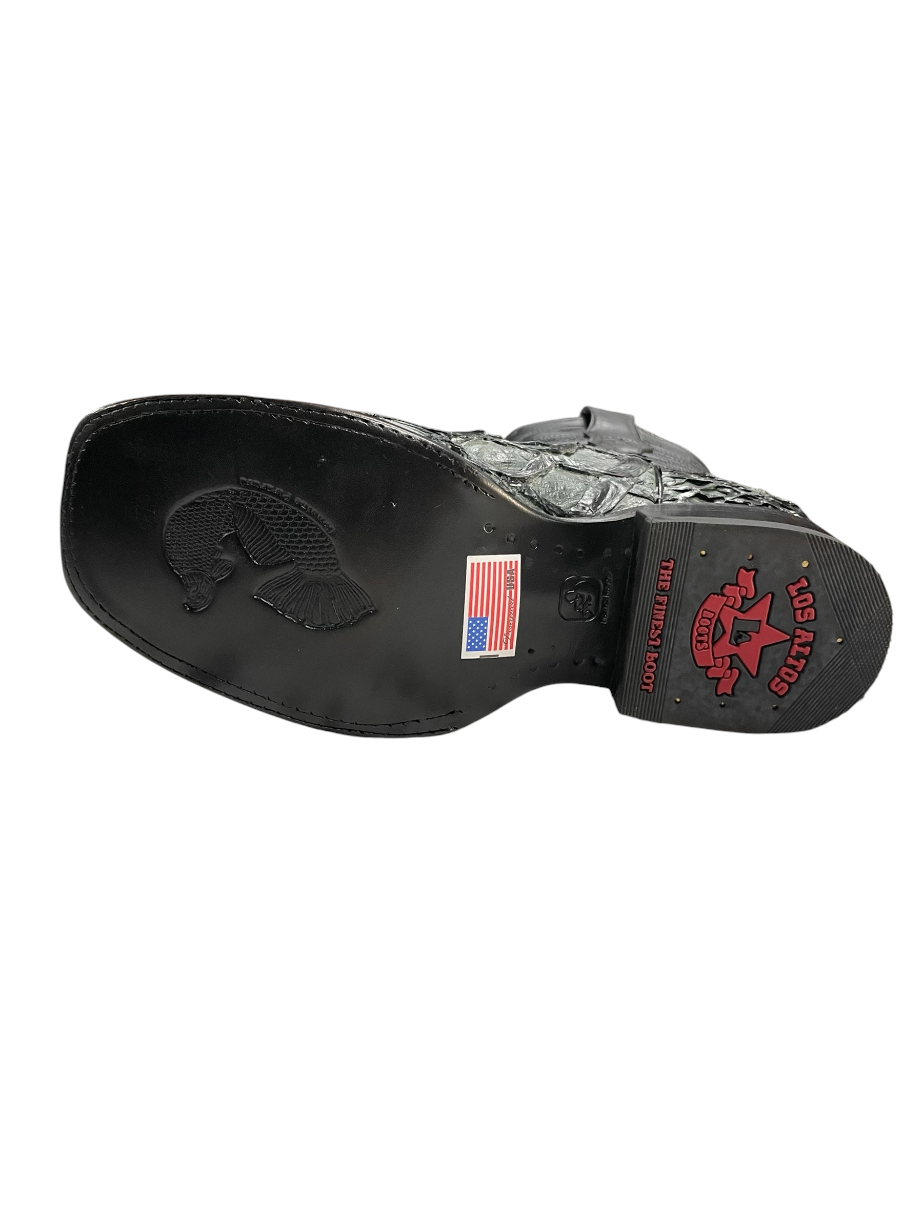 Suela de cuero negra de Botas El Pistolero PYP con grabado de pescado y logo Los Altos Boots en punta cuadrada